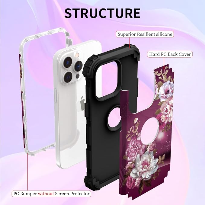 Hocase for iPhone 15 Pro Max Case, Heavy Duty Shockproof Protection Soft Silicone Rubber Bumper+Hard Plastic Hybrid Protective Case for iPhone 15 Pro Max 6.7" 2023 - Royal Purple Flowers