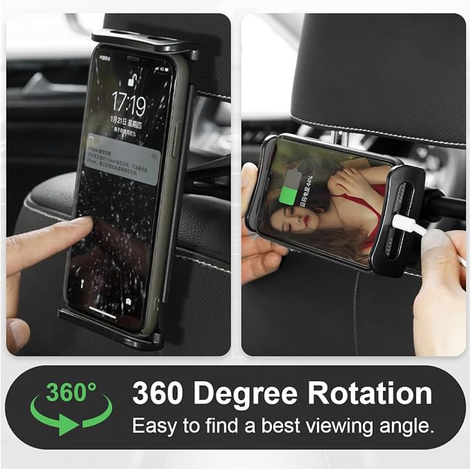 Car Headrest Mount, Adjustable 360 Rotating Tablet Holder for 5.3"-10.2" Devices, Universal Car Backseat Phone Mount for Kids, Fit for iPhone Pro Max, Galaxy Tabs (Black)