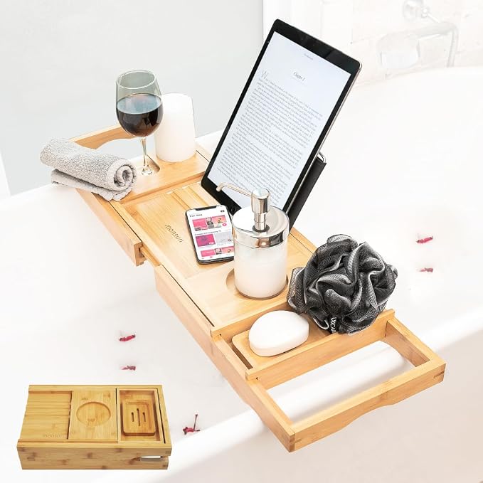Foldable Bathtub Tray Caddy - Expandable Bath Tray for Tub | Secure, Non-Slip Bathtub Caddy for Tub for Bath Accessories, Self Care Home Spa Gift Set, Relaxing Gifts for Women, New Moms, House Warming