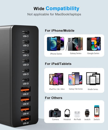USB C Charging Station 10 Port with 4 Cables,200W GaN Type C Charger Block | Wall Charger Power Strip Adapter Plug for iPad iPhone17 16 15 14 13 12 Pro Max Pixel Note Galaxy Black