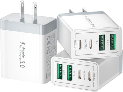 3 Pack USB C Charger Block, 40W 4-Port Fast Charger 20W Type C Charging Block 3.1A USB Wall Charger Dual Port PD+QC Charging Cube for iPhone 17 16 15 14 13 12 Pro Max XS, iPad, Samsung Phone, Tablet