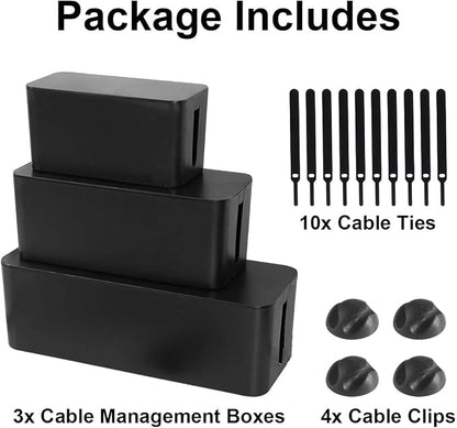 DUNCHATY Cable Management Box 3 Pack - Cord Organizer Box for Desk TV Computer - Large Medium Small Power Strip Cover & Wire Hider - Child & Pet Safe ABS Cord Box with Cable Ties - Black