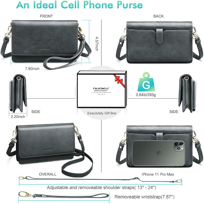 nuoku Women Small Crossbody Bag Cellphone Purse Wallet with RFID Card Slots 2 Straps Wristlet