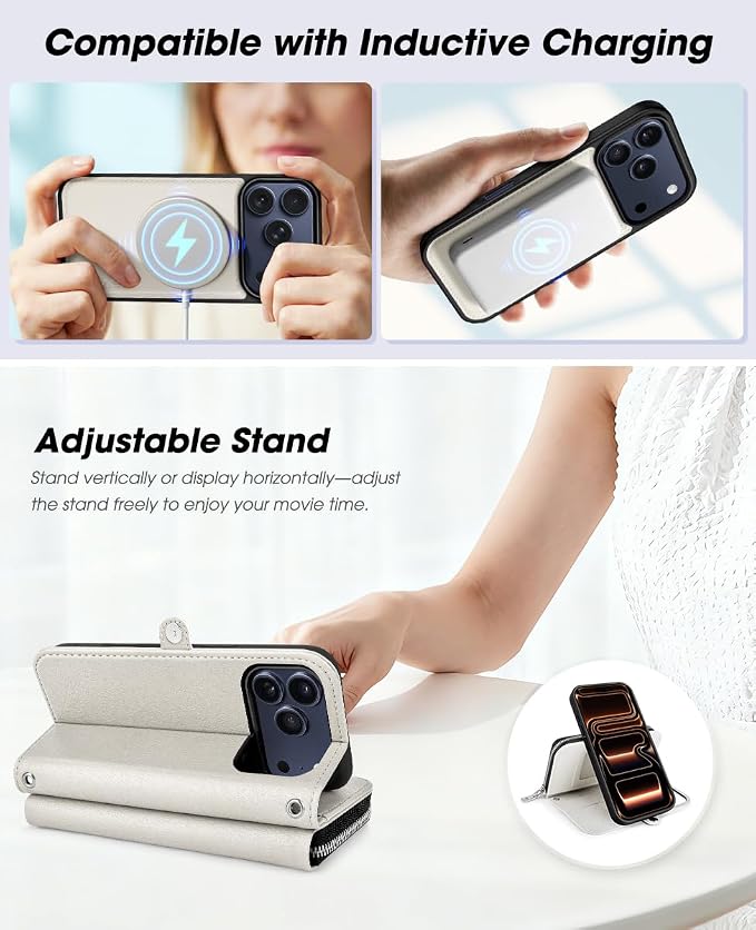 OCASE for iPhone 17 Pro Max Crossbody Detachable Wallet Case, PU Leather Handbag Phone Purse with Zipper Closure, Card Slots & RFID Blocking, Wrist Strap, Lanyard, Kickstand, Cream