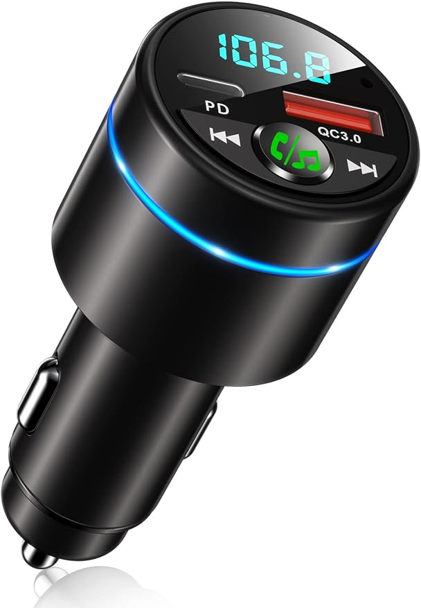 FM Transmitter for Car Bluetooth 5.3, [All-Metal] PD 30W & QC3.0 18W Fast Car Charger, Wireless FM Radio Kit Bluetooth Car Adapter, Noise Cancelling Hands-Free Call, Blue Light - Black