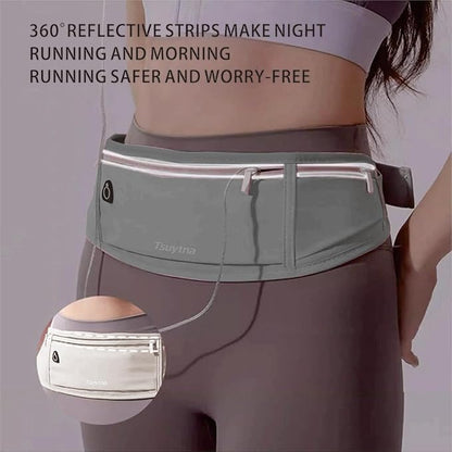Running Belt for Women & Men - Slim Phone running belt with Water-Resistant Phone Holder, 3 pockets Adjustable Waist Strap, Reflective Safety Design for Running, Hiking, Travel，Fitness (Grey)