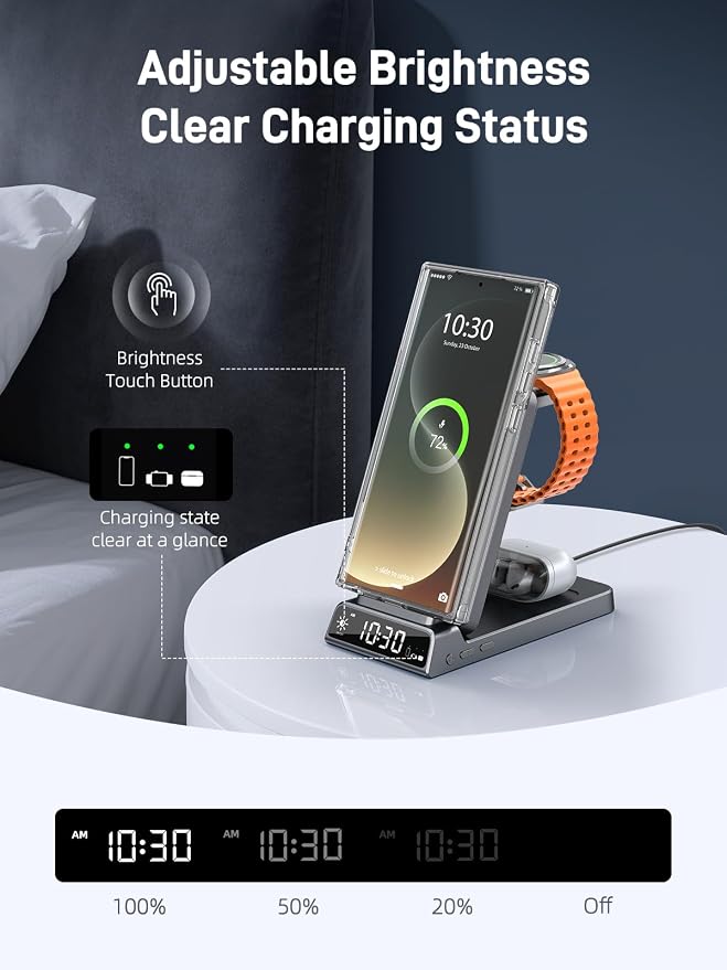 Magnetic Wireless Charger for Samsung, 3 in 1 Android Charging Station for Samsung Galaxy S26 Ultra/S25 Ultra/Z Fold/Flip 7, Foldable Charger for Samsung Galaxy Watch Ultra/8/7/Galaxy Buds4 Pro (Gray)