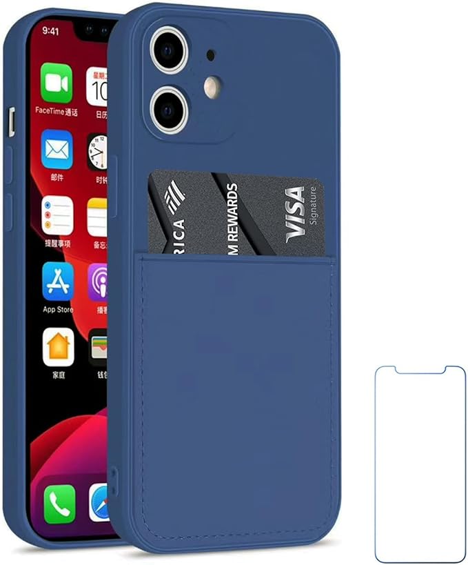 Ultra Slim Liquid Silicon Gel Case Compatible for iPhone 12 Mini 5.4 inch 2020 with Card Holder Sleeves Slot Anti-Scratch Shockproof Wallet Cover with Screen Protector (Blue)