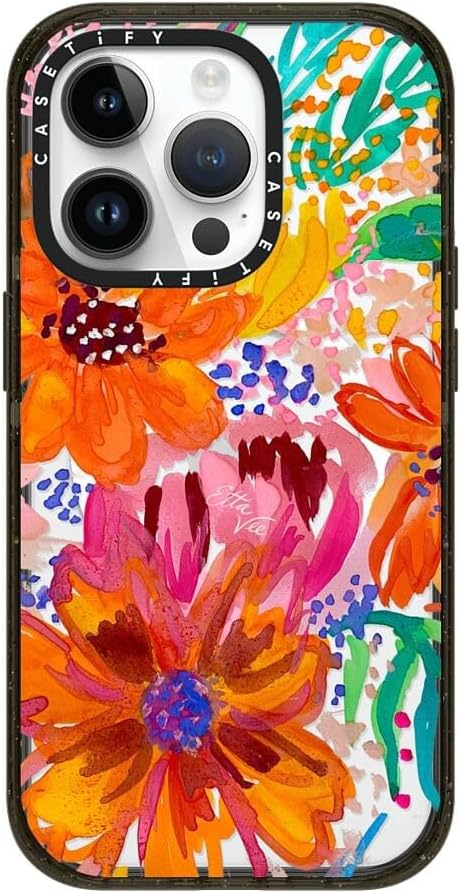 CASETiFY Impact iPhone 14 Pro Case [4X Military Grade Drop Tested / 8.2ft Drop Protection/Compatible with Magsafe] - EttaVee Watercolor Fleurs - Clear Black