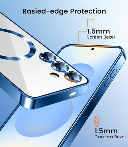 Slim Thin for Samsung Galaxy S25 Plus Clear Case, Compatible with MagSafe, Built-in Camera Lens Protector, Shockproof Protective Phone Case, Electroplated Bumper Cover, Sapphire Blue