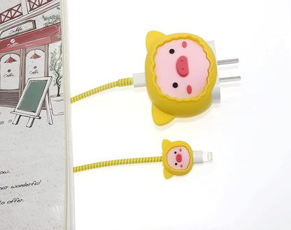 3D Cute Cartoon Charger Protector Case - Compatible for Apple 20W USB-C Power Adapter and Lightning Cable (Yellow Pig)