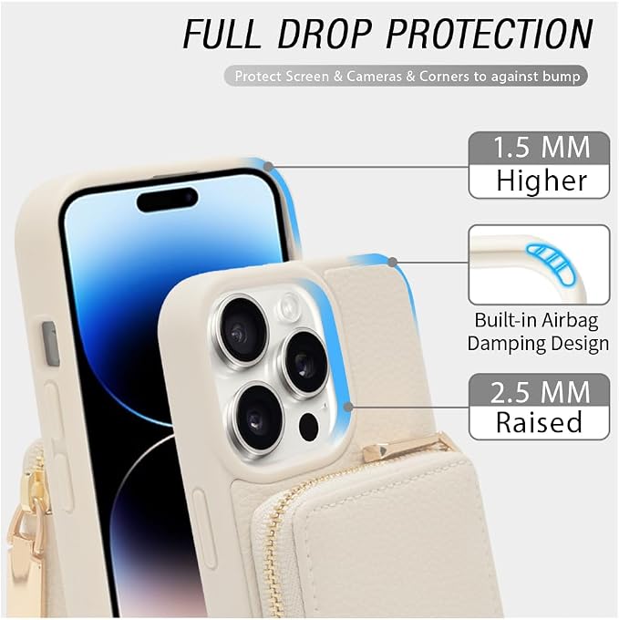 ZVE for iPhone 14 Pro Wallet Case Crossbody, Zipper Card Phone Case with Wrist Strap, Leather Cover with RFID Blocking for Women Compatible with iPhone 14 Pro, 6.1 inch, 2022-Beige