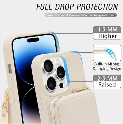 ZVE for iPhone 14 Pro Wallet Case Crossbody, Zipper Card Phone Case with Wrist Strap, Leather Cover with RFID Blocking for Women Compatible with iPhone 14 Pro, 6.1 inch, 2022-Beige