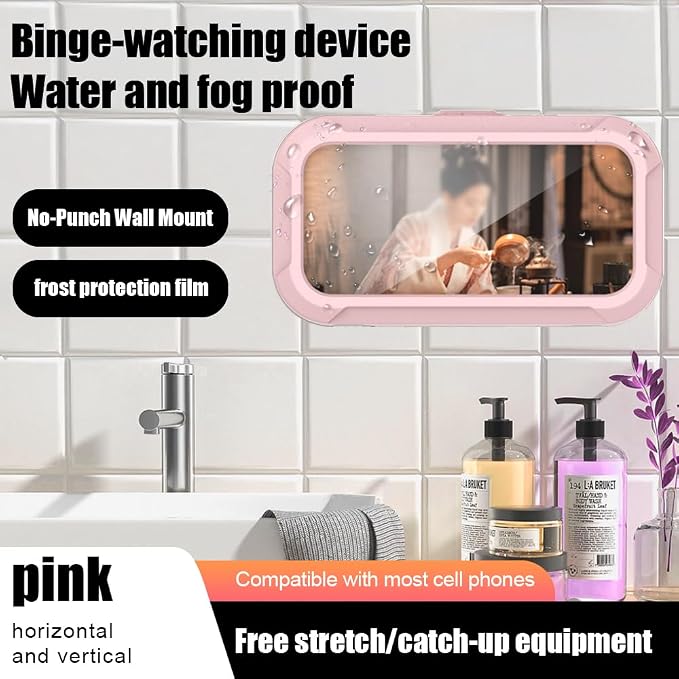 360° Rotatable Retractable Adjustable Shower Phone Case Holder,Anti-fog HD & sensitive screen ,Wall Mounted Phone Holder for Bathroom Mirror Bathtub Kitchen,Shower Accessories for 4-7" Phones (pink)
