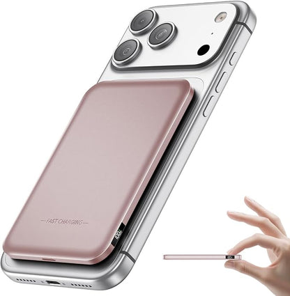 Aobbow Magnetic Portable Charger, 50% Smaller & Slimmer 5000mAh Power Bank with LED Display, 15W Fast Charging Battery Pack, Travel Essential MagSafe Compatible Charger for iPhone 17/16/15 - Rose Gold