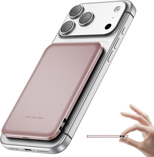 Aobbow Magnetic Portable Charger, 50% Smaller & Slimmer 5000mAh Power Bank with LED Display, 15W Fast Charging Battery Pack, Travel Essential MagSafe Compatible Charger for iPhone 17/16/15 - Rose Gold