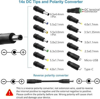 SHNITPWR 72W universal Power Supply Adjustable DC 3.5V ~ 24V 3A AC/DC Adapter with USB C Charger PD 65W Upgraded 100V-240V AC to DC Converter Variable Power Adapter,14 Tips,Alligator Clips Power Cable