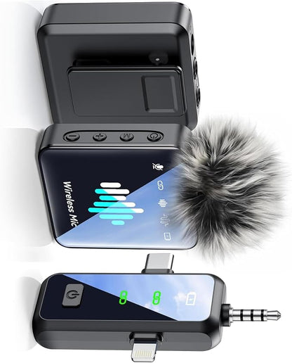 3-in-1 Mini Microphone for iPhone: Wireless Lavalier Microphone with 80ft Range & 15H Battery - Noise Reduction Lapel Mic, Real-Time Monitoring for Video Recording, Vlog,Light Black