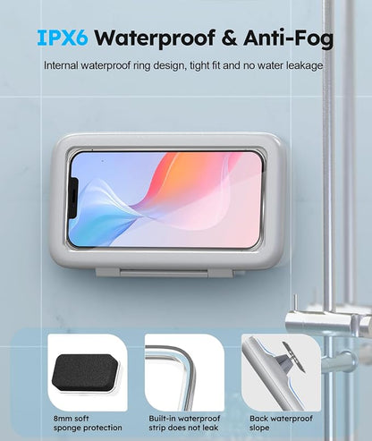 Waterproof, Upgraded IPx6 Wall Mount, 480° Rotation, HD Touchscreen, Ideal for 4-7” Smartphones - Perfect Shower Accessories-Grey