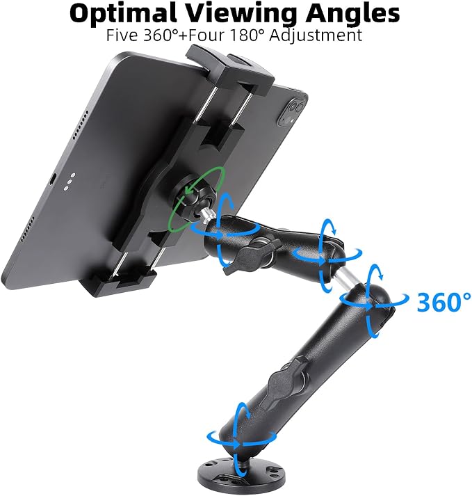 Dashboard Mount Tablet Holder for Truck, Heavy Duty Drill Base with Aluminum Arm Tablet Mount for Car, Wall, Boat, Desk, Compatible with iPad Pro Air Mini, 4.7-12.9″ Tablets and Phones (PTM-28)