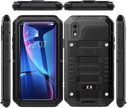 Mitywah Waterproof Case for iPhone XR, Heavy Duty Military Grade Shockproof Case with Built-in Screen Protector, Full Body Underwater Protective Metal Case 6.1 inch, Black