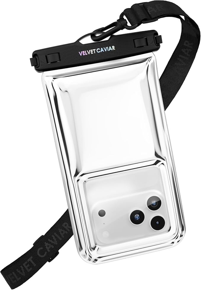 VELVET CAVIAR Waterproof Phone Pouch with Lanyard | IP68 Floating Case for iPhone & All Phones | Dry Bag for Snorkeling, Beach, Kayaking | Travel & Cruise Essentials for Women (Silver Holo)