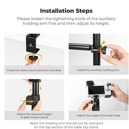 K&F CONCEPT Desk Mount Stand with Extension Arm, 37-91cm Adjustable Overhead Camera Mount, 1/4" Ball Head & 3/8" Adapter, C-Clamp for Ring Light, DSLR Camera, Smartphone, Live Streaming, Video