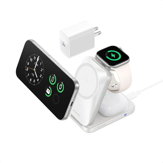 Anker Prime 3-in-1 Charging Station, AirCool Wireless Charger, Qi2 25W Certified Palm-Sized Foldable MagSafe Charger Compatible with iPhone 17, Apple Watch, AirPods (Non-Battery, with Adapter)