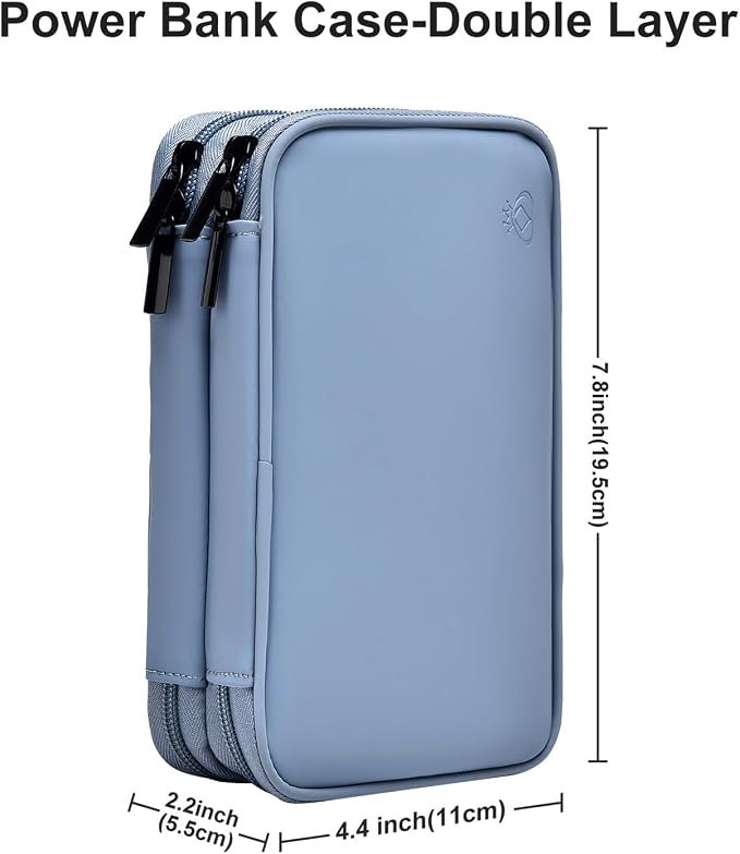 Portable Charger Organizer Travel Case Shockproof Power Bank Bag for Anker/Jackery/RAV/20000mAh Power Bank Leather Waterproof Electronic Case for PowerCore (Gray&Blue, Double Layer)