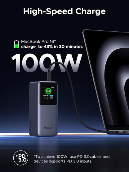 UGREEN Nexode Power Bank 20000mAh 130W Portable Charger 72Wh PD Fast Charging 3-Port USB C Battery Pack with TFT Smart Display for MacBook/iPad/iPhone 17/16/Samsung S26 and More