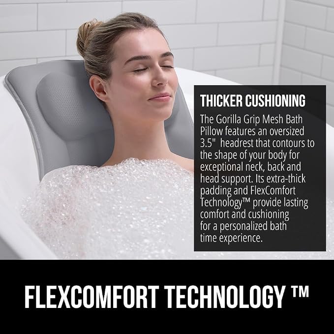 GORILLA GRIP Bath Pillow for Tub, 6 Strong Suction Cups, 4D Mesh FlexComfort Headrest for Neck, Head and Back Support, Luxury Machine Washable Pillows, Bathtub Accessories, Spa Gifts for Women, Gray