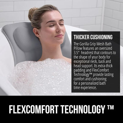 GORILLA GRIP Bath Pillow for Tub, 6 Strong Suction Cups, 4D Mesh FlexComfort Headrest for Neck, Head and Back Support, Luxury Machine Washable Pillows, Bathtub Accessories, Spa Gifts for Women, Gray