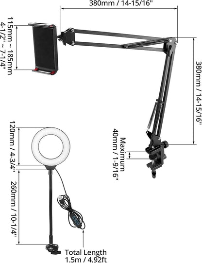 QWORK Overhead Camera Mount, Phone Mount with Ring Light, Flexible Articulating Phone Arm Stand, Phone Holder Stand, Phones Mount Clamp on Desk, for Live Stream, Video Recording and Online Teaching