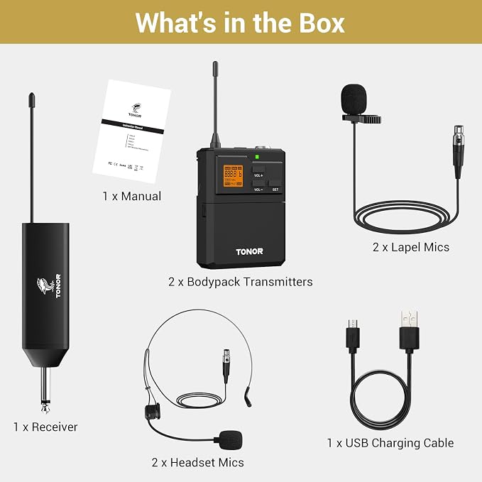 TONOR UHF Wireless Microphone System with Headset Lavalier Lapel Mic, Bodypack Transmitter, Rechargeable Receiver, 2 * 15 Channels 60 m/200ft Range 1/4" Output for Recording, 2 Bodypack Mics