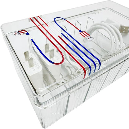 AgentMoon Clear Acrylic Cable Organizer Box with Lid, 6 Storage Slots,Color Lable Desktop Accessories Storage Box with 60 inches Cuttable Magic Lashing Straps (1PCS)