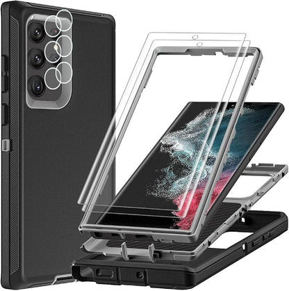 for Samsung Galaxy S22 Ultra Case with 2Pcs Self Healing Flexible TPU Screen Protector & Camera Lens Protector, 3 in 1 Heavy Duty Shockproof/Drop Proof/Dust Proof Case (Black/Grey)