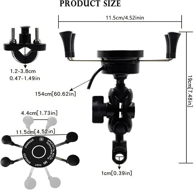 15W Fast Charging Adapter, Wireless Qi Motorcycle Phone Holder with 4 Jaw Mechanical Locking, 360° Rotating Aluminum Alloy, Compatible with 3-7 inch Smartphones
