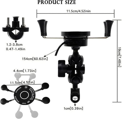 15W Fast Charging Adapter, Wireless Qi Motorcycle Phone Holder with 4 Jaw Mechanical Locking, 360° Rotating Aluminum Alloy, Compatible with 3-7 inch Smartphones