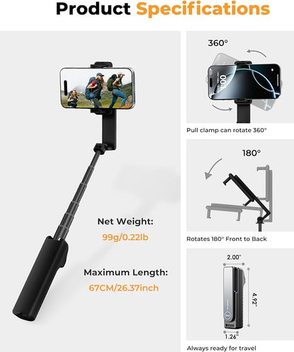 Selfie Stick with Wireless Remote – Portable Selfie Stick for iPhone & Android, Lightweight Foldable Travel Phone Holder for Cell Phone, for Photograph, Video Recording, Streaming, Black