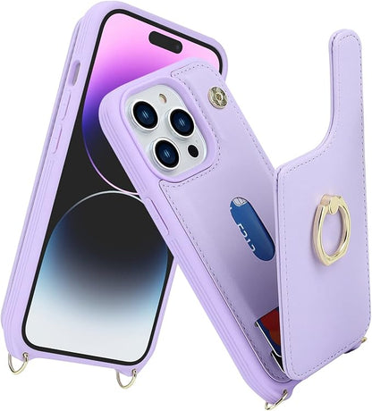 Lipvina for iPhone 14 Case with Card Holder and Strap for Women,Crossbody Lanyard,RFID Blocking,Ring Stand,Snap Clasp,Phone Wallet Cases 6.1 inch(Purple)