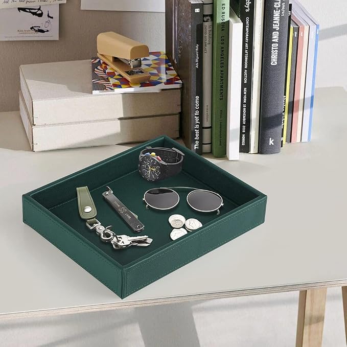 HofferRuffer Faux Leather Decorative Tray, Elegant Desktop Storage Organizer, Decorative Catchall Perfume Tray, Nightstand or Dresser Vanity Tray Organizer, 10.2 x 8.4 x 1.8 inches (Dark Green)