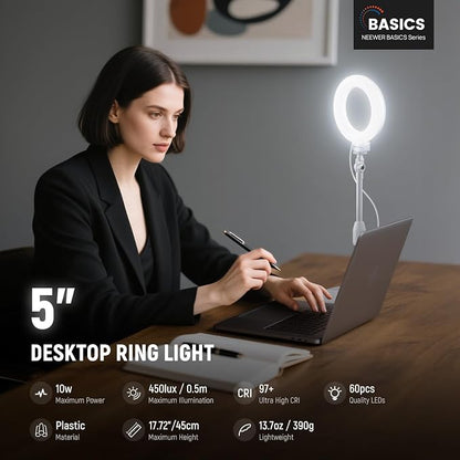 NEEWER BASICS 5"/13cm Desk Ring Light with Stand, 10W LED Selfie Light with Phone Holder Base Compatible with iPhone for Video Recording Laptop Webcam Zoom Video Conference Lighting Makeup, White BR60