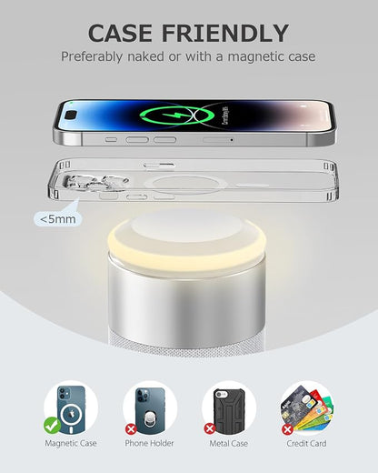 COLSUR Bluetooth Speaker, Magnetic Wireless Charger, Bluetooth Speakers with Night Light, 2 in 1 Wireless Charging Station for iPhone 17/16/15/14/13/12 Series, AirPods Pro 2/4/3/2（Gift Ideal）(Gray)