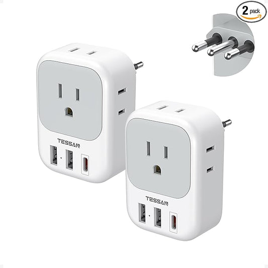 TESSAN Italy Travel Plug Adapter, Type L Plug 2 Pack | 4 Outlets, 3 USB Charger (1 USB C PD 20W), US to Chile Libya Syria Tunisia Uruguay