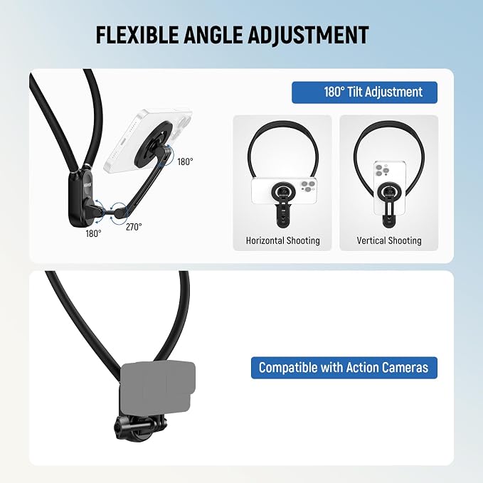 NEEWER Magnetic Neck Holder for Action Camera & Phone, Hands Free Neck Mount with Chest Strap Compatible with GoPro DJI Insta360 iPhone, Neck Phone Holder for POV Vlog Video Recording, GP26