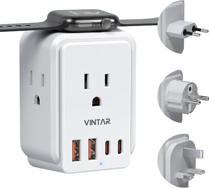 European Travel Plug Adapter for Apple Watch Charger, VINTAR International Power Adapter with 3 AC Outlets 4 USB Ports (2 USB C), Type C/G/E/F Detachable Plugs, US to Europe UK France Italy Spain