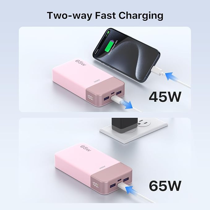 Portable Charger 65W Power Bank 20000mAh Compact USB C Laptop Power Bank Fast Charging Battery Pack for Laptop MacBook Dell XPS iPad Tablet Steam Deck iPhone 17/16/15/14 Series Samsung and More