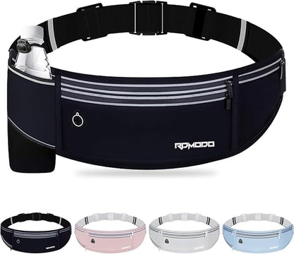 Slim Running Belt with Water Bottle Holder, Water Resistant Fanny Packs for Women Men，4 Pockets Running Phone Holder for Walking Cycling, Adjustable Waist Bag for iPhone 17 16 15 Samsung（Black）