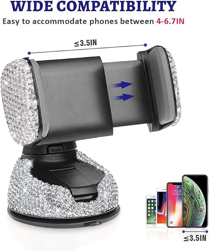 Dashboard Phone Holder Bling Phone Mount for Car,Car phone holder Mount with One More Air Vent Base,Phone Holder Car Accessories,Universal Car Phone Holder Mount for Windshield and Air Vent,Silver