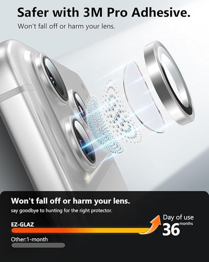 EZ-GLAZ-Camera Lens Protector for iPhone 17/16/15/14 Pro & Pro Max Series, with Aerospace-Grade Aluminum Alloy Ring, 1:1 Invisible Fit & Ultra-Clear, Military-Grade 9H+ Glass, Silver